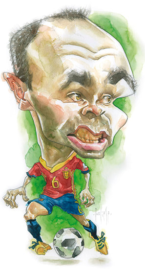 Caricatura de Andrés Iniesta por David Pugliese. Publicada en la revista el jueves.